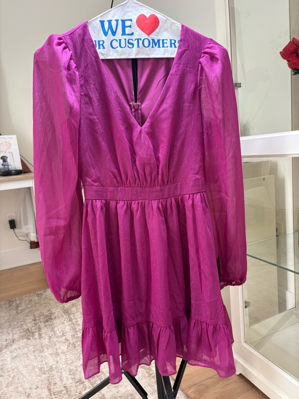 Lulu's Fuchsia V-Neck Long-Sleeve Midi Dress with Ruffle Hem